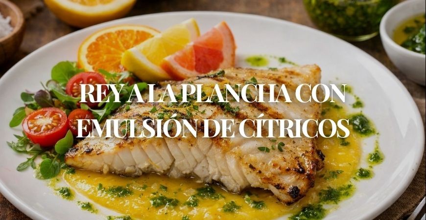 Rey a la plancha con emulsión de cítricos y aceite de hierbas